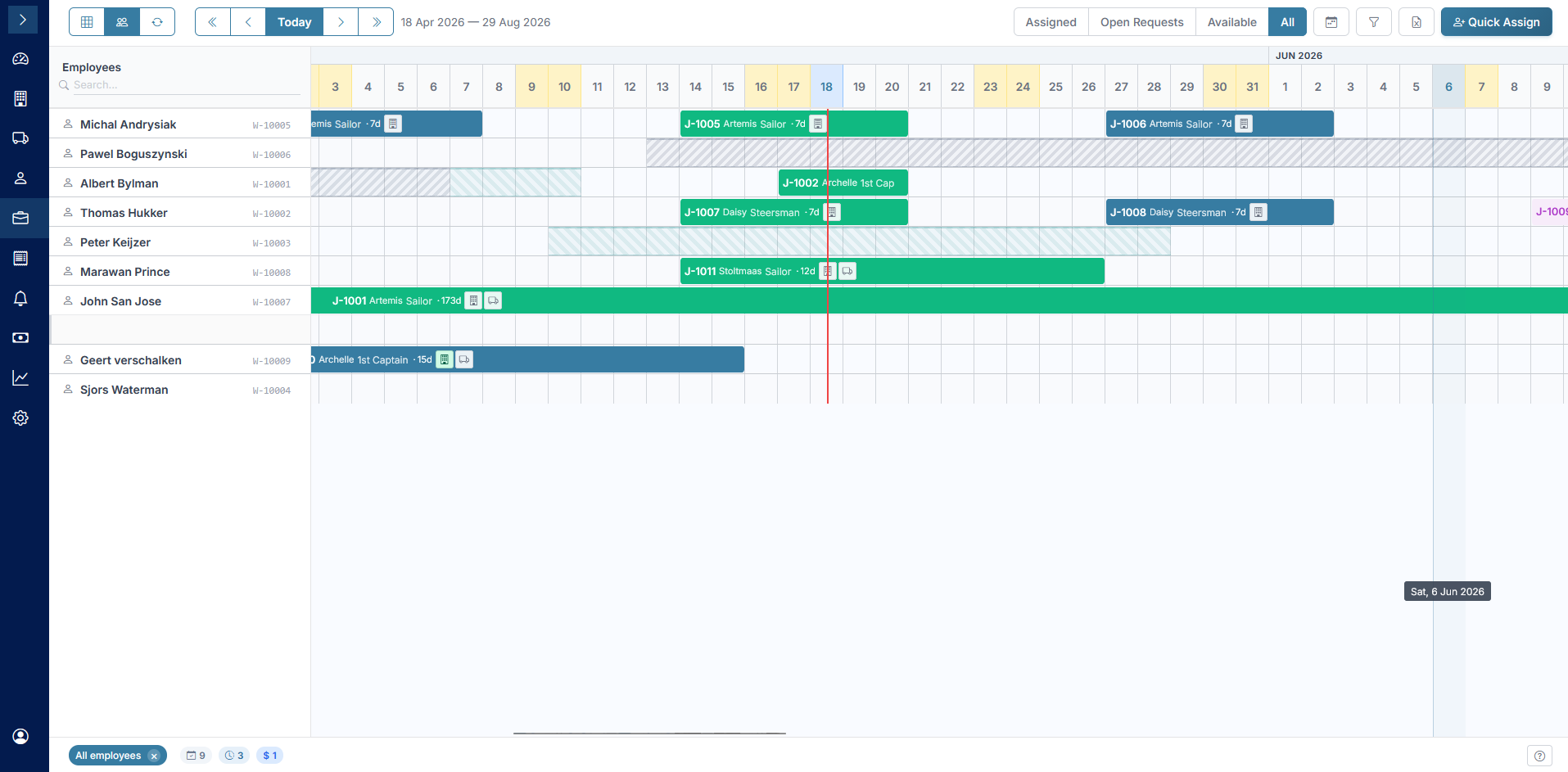 Crew planning on one screen, showing employees and assignments across dates