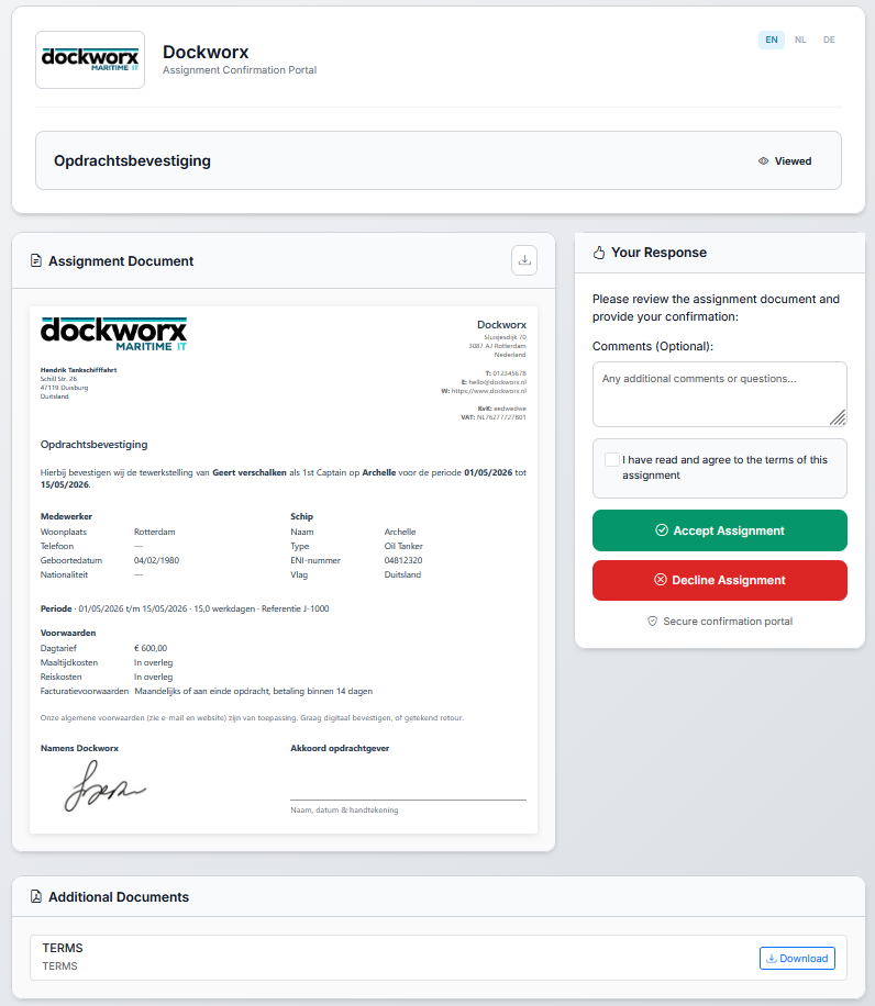 External confirmation portal showing the assignment document and accept/decline buttons